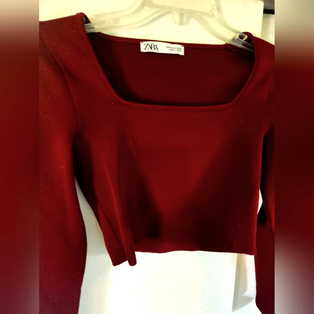 Zara Burgundy Long Sleeve Square Neck Crop Top